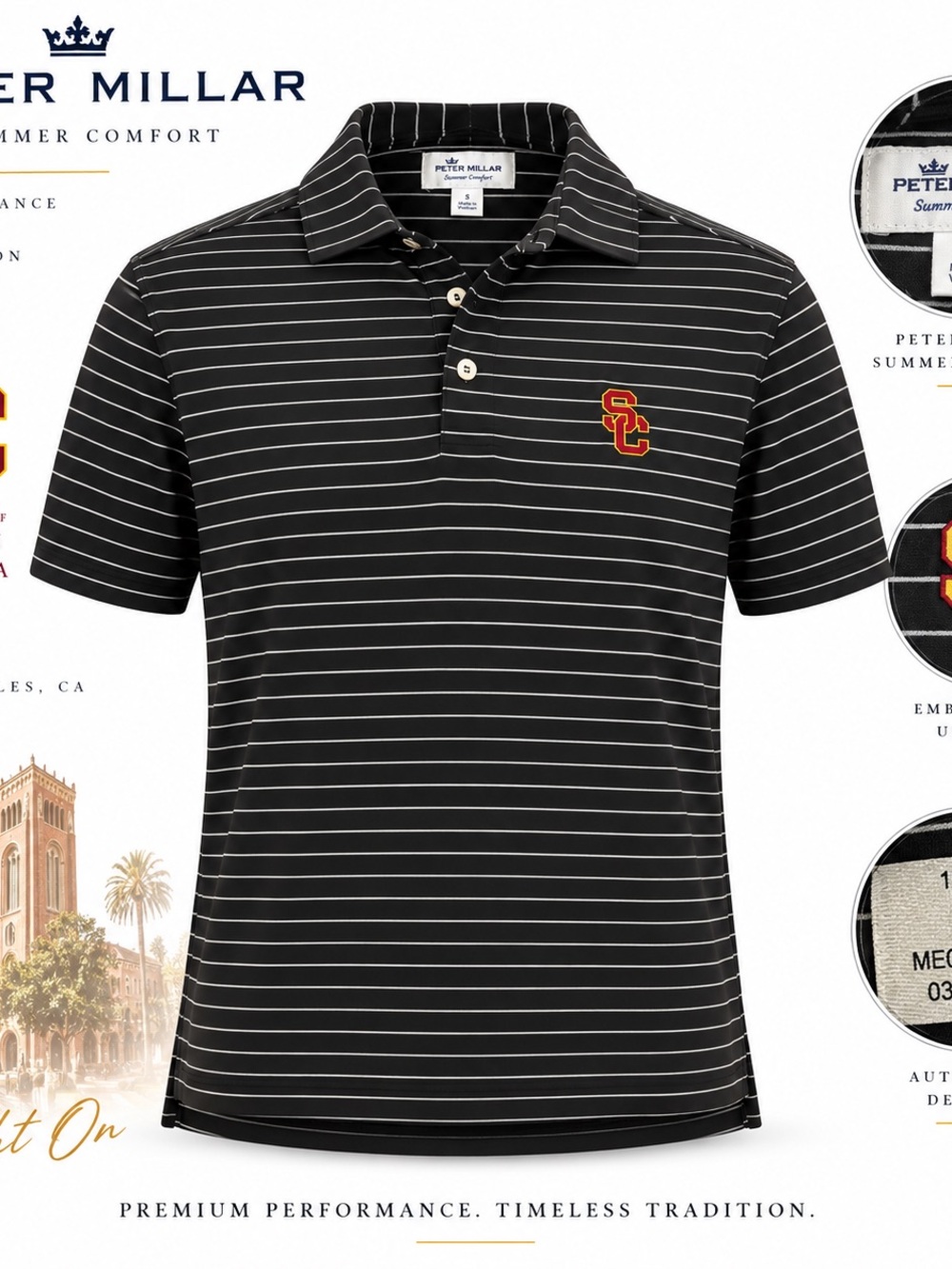 Peter Millar USC Trojans Interlocking SC Summer Comfort Polo S Preppy NCAA